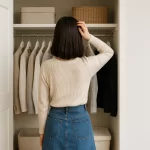 クローゼット前で服選びに悩む女性 ファッション迷子解決