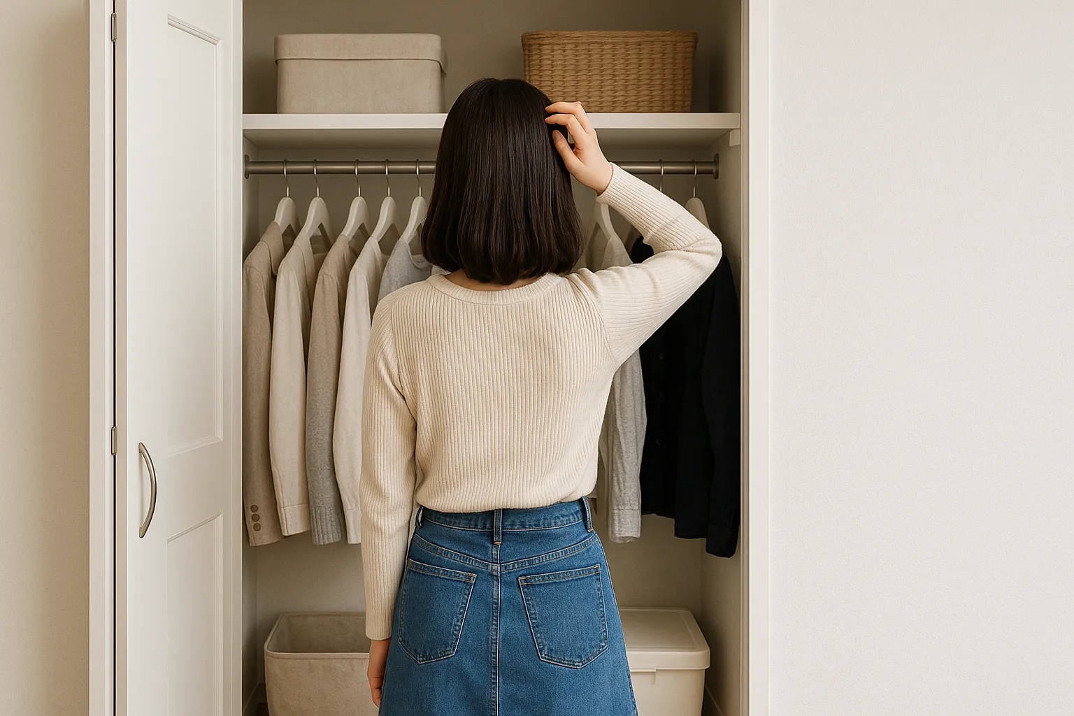 クローゼットの前に立ち、悩み、頭を抱える女性の後ろ姿
