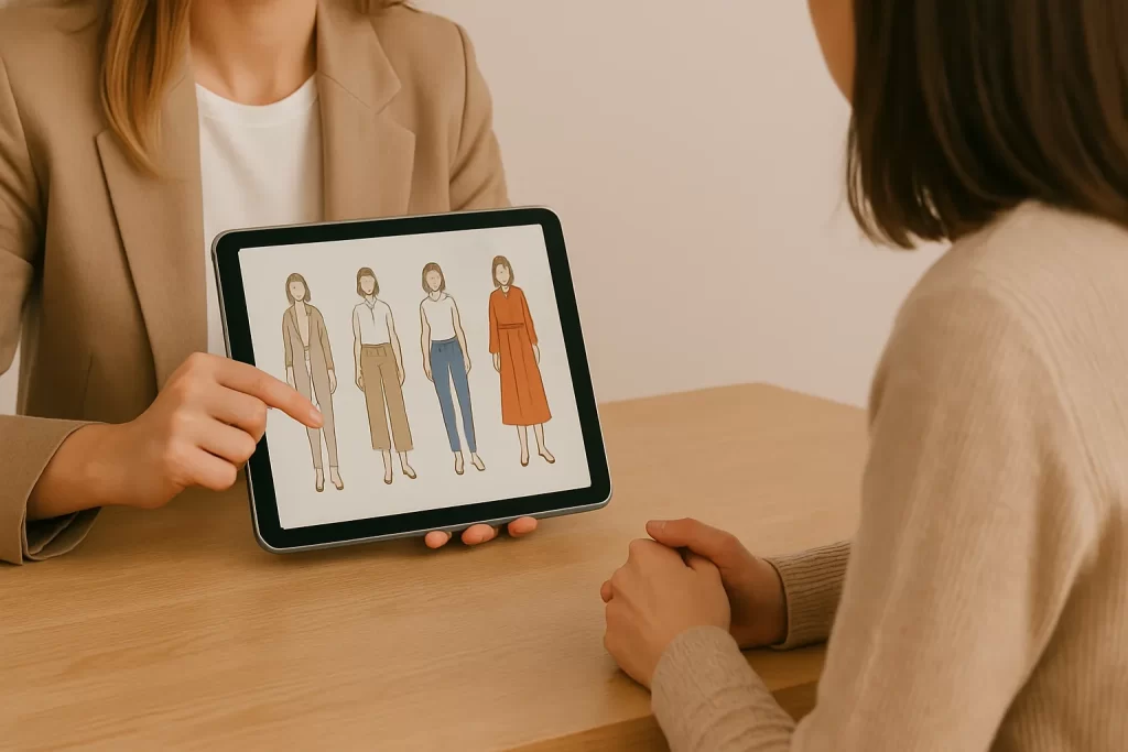 イメージコンサルタントがタブレットを用いてクライアントにファッションの解説をしている