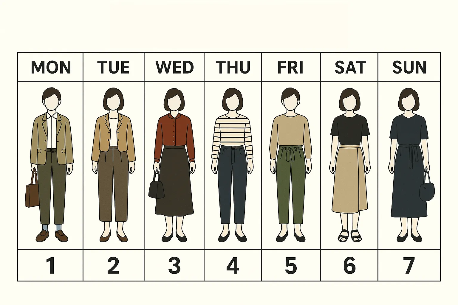 週間コーディネートを一覧にしたイラスト。7つの曜日ごとに、該当するコーディネートイラストを添付している