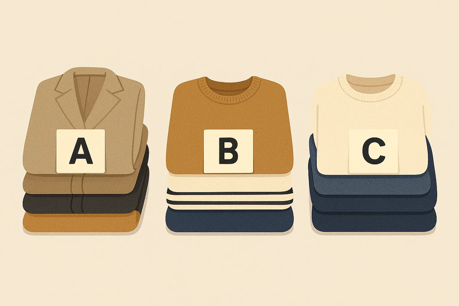 服をA・B・Cのカテゴリーで分類し、それぞれの服の山にA・B・Cのラベルを貼った画像