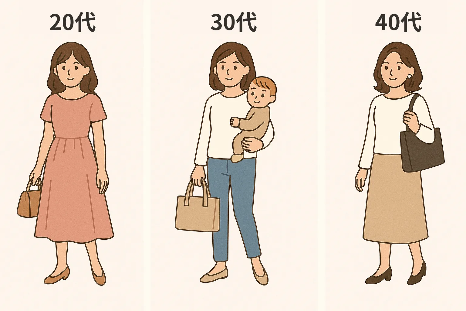 20代、30代、40代の同一人物の女性。年齢とライフスタイルによるファッション変化のイラスト図解